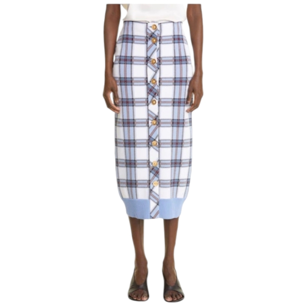 NWT ST JOHN Plaid Compact Jacquard Knit Skirt In Blue Multi Large $995